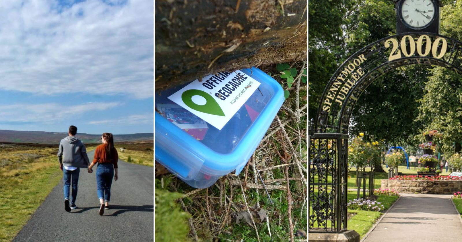 left to right - couple walking in durham dales, Geocache box and Jubilee Park Spennymoor 